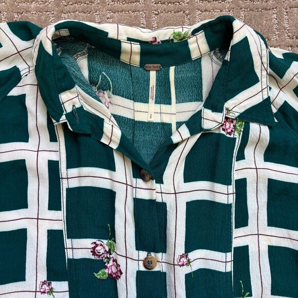 Free People Window To My Heart Button Down Sz Small Green Oversized Windowpane - Picture 4 of 9